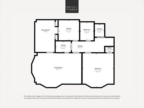 Floor plan for 1 bed, 1 bath, 833 sqft